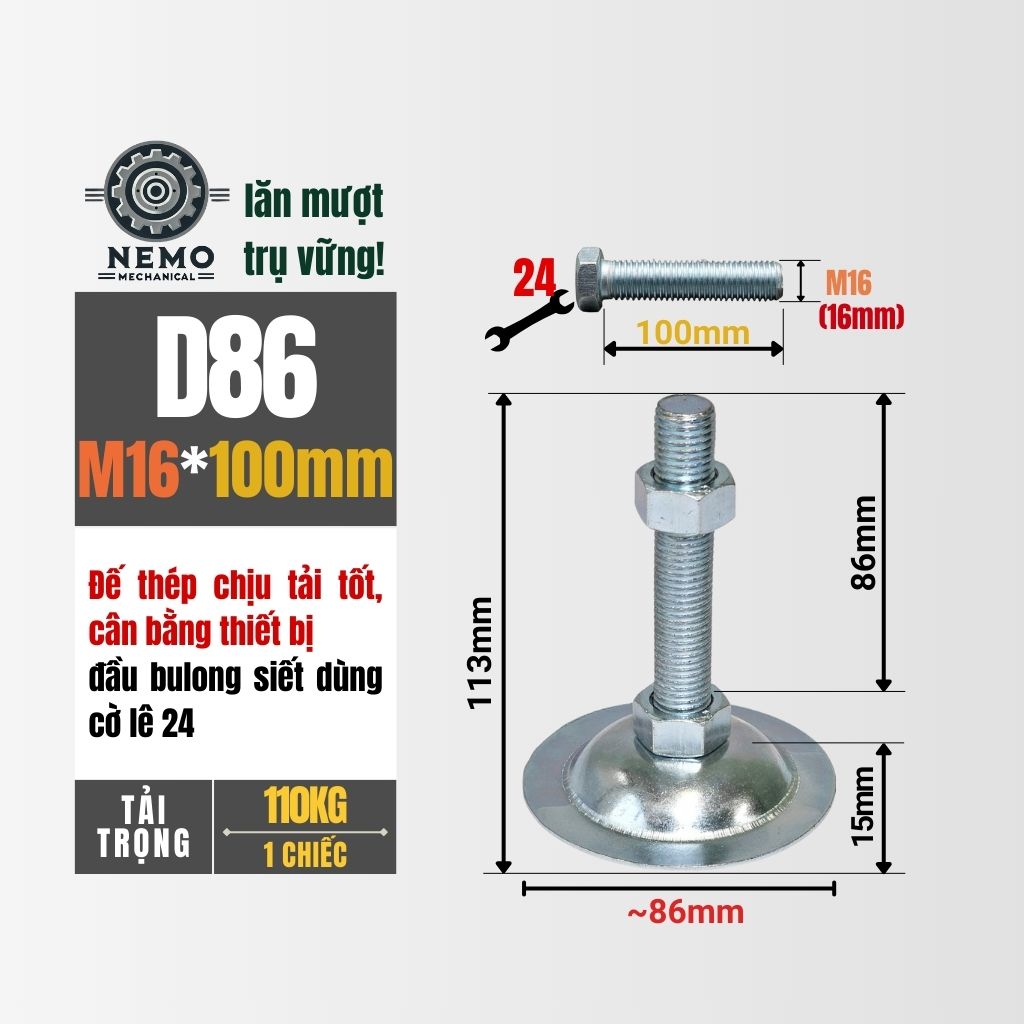 Chân Tăng Chỉnh Đế Thép Mạ Kẽm – Giải Pháp Cân Bằng Bàn Thao Tác & Băng Tải (M10, M12, M16)